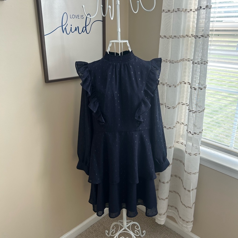 Express Shimmery Navy Blue Ruffle Dress Size Large #1348